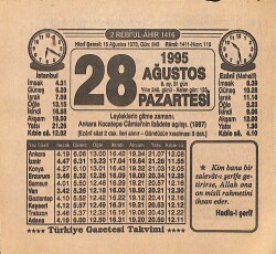 28 Ağustos 1995 Takvim Yaprağı - Doğum Günü Hediyesi EFMN15445 - Gökçekoleksiyon