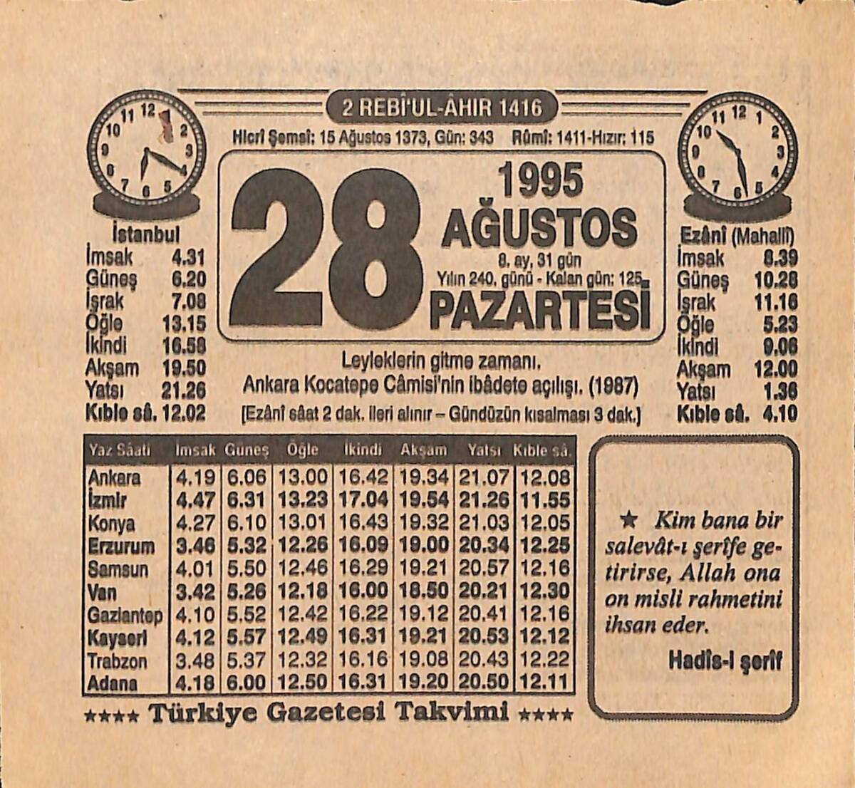 28 Ağustos 1995 Takvim Yaprağı - Doğum Günü Hediyesi EFMN15445 - 1