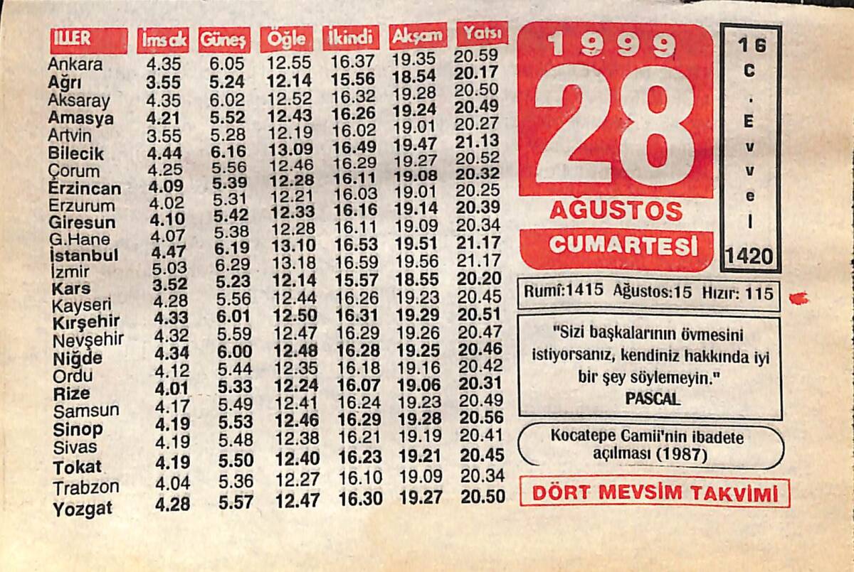 28 Ağustos 1999 Takvim Yaprağı - Doğum Günü Hediyesi EFMN14028 - 1