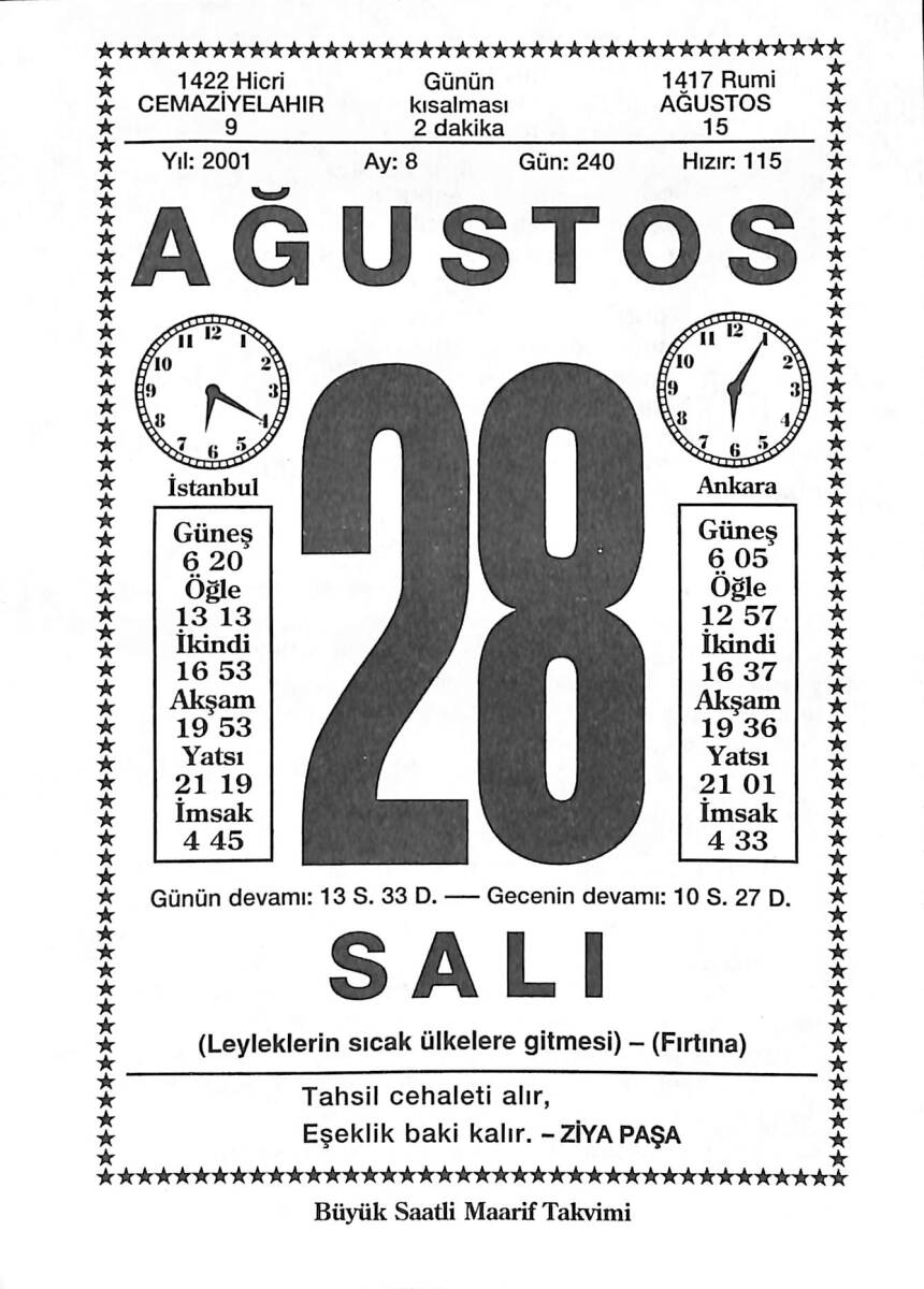 28 Ağustos 2001 Takvim Yaprağı - Doğum Günü Hediyesi EFMN14202 - 1