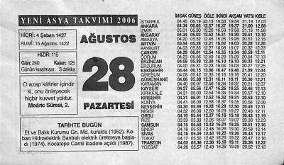 28 Ağustos 2006 Takvim Yaprağı - Doğum Günü Hediyesi EFM(N)9964 - 2