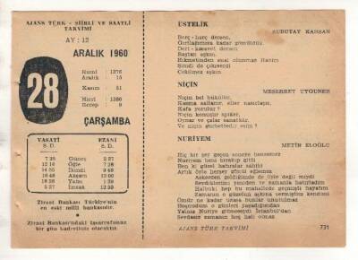 28 Aralık 1960 Ajans Türk Takvim Yaprağı (Şiirli Saatli) EFM(N) 1822 - 2
