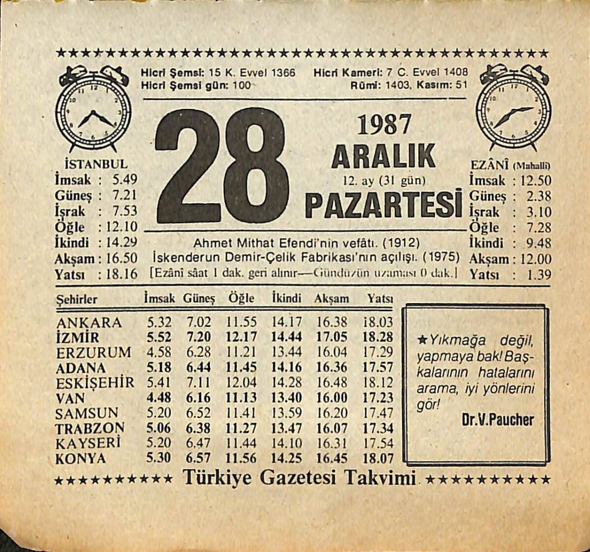 28 Aralık 1987 Takvim Yaprağı - Doğum Günü Hediyesi EFMN14983 - 1