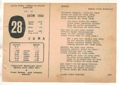 28 Ekim 1960 Ajans Türk Takvim Yaprağı (Şiirli Saatli) EFM(N) 1765 - 1