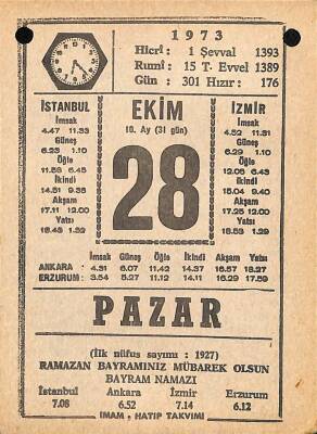 28 Ekim 1973 Takvim Yaprağı - Doğum Günü Hediyesi EFM(N)10610 - 2