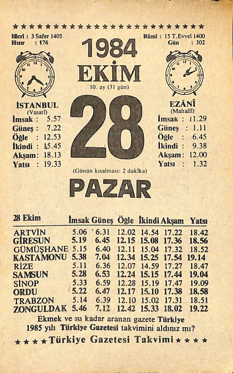 28 Ekim 1984 Takvim Yaprağı - Doğum Günü Hediyesi EFMN14555 - 1