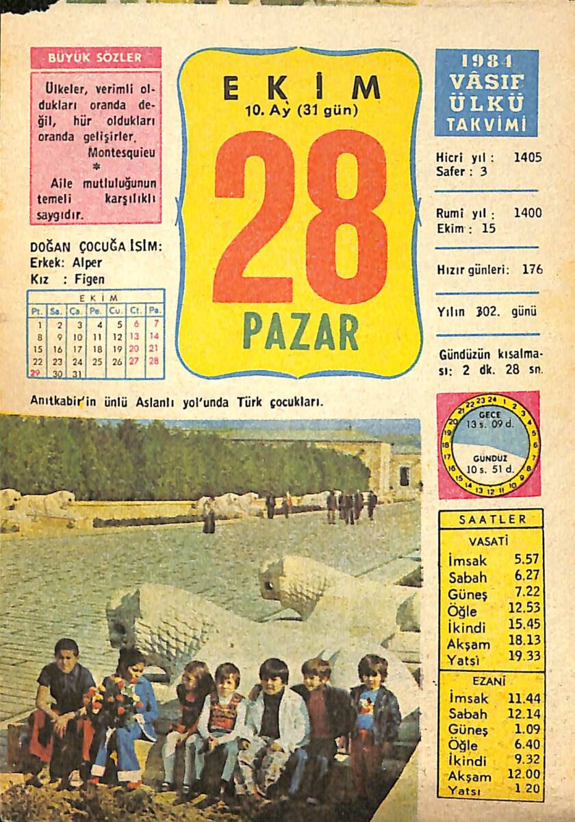 28 Ekim 1984 Takvim Yaprağı - Doğum Günü Hediyesi EFMN14811 - 1
