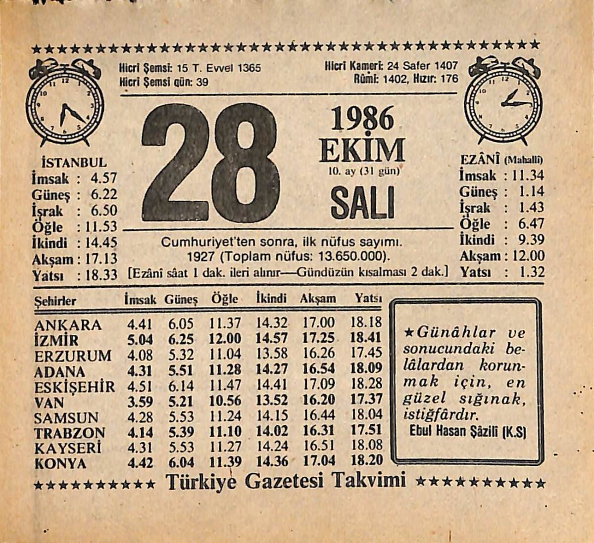 28 Ekim 1986 Takvim Yaprağı - Doğum Günü Hediyesi EFMN14903 - 1