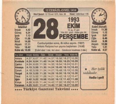 28 Ekim 1993 Takvim Yaprağı EFM(N)3184 - 3