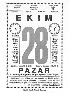 28 Ekim 2001 Takvim Yaprağı - Doğum Günü Hediyesi EFM(N)10496 - 2