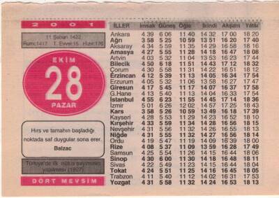 28 Ekim 2001 Takvim Yaprağı EFM(N)3749 - 1