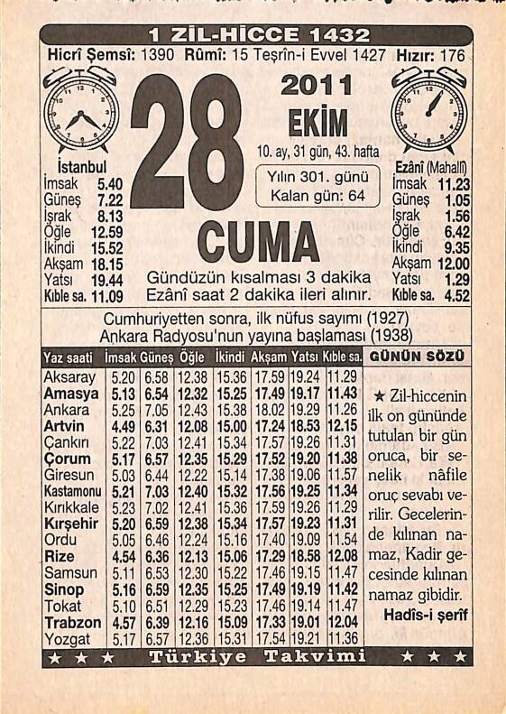 28 Ekim 2011 Takvim Yaprağı - Doğum Günü Hediyesi EFMN15292 - 1