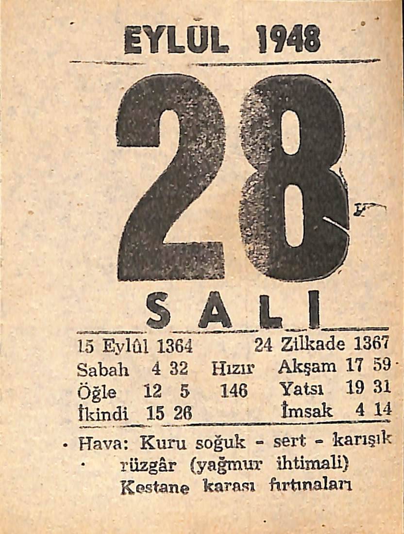 28 Eylül 1948 Takvim Yaprağı - Doğum Günü Hediyesi EFMN14379 - 1
