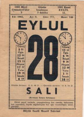 28 Eylül 1965 Takvim Yaprağı EFM(N)3643 - 3