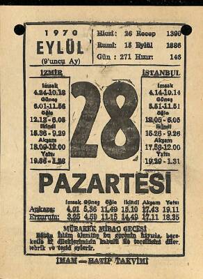 28 Eylül 1970 Takvim Yaprağı - Doğum Günü Hediyesi EFM(N)9904 - 1