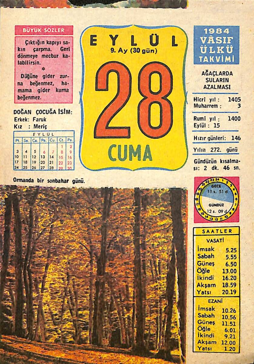 28 Eylül 1984 Takvim Yaprağı - Doğum Günü Hediyesi EFMN14838 - 1