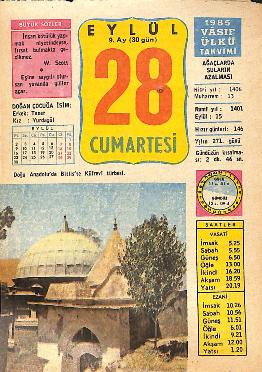 28 Eylül 1985 Takvim Yaprağı - Doğum Günü Hediyesi EFMN14022 - 1