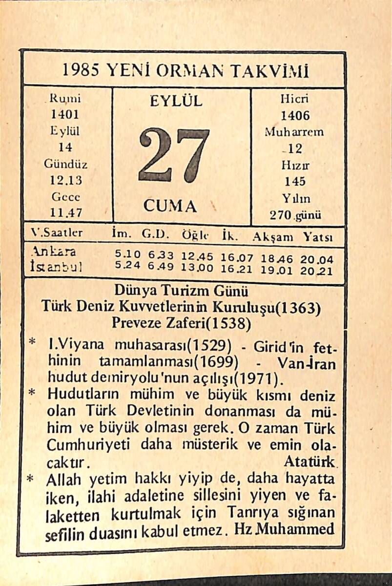 27 Eylül 1985 Takvim Yaprağı - Doğum Günü Hediyesi EFMN14972 - 1
