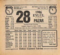 28 Eylül 1986 Takvim Yaprağı - Doğum Günü Hediyesi EFMN14933 - Gökçekoleksiyon