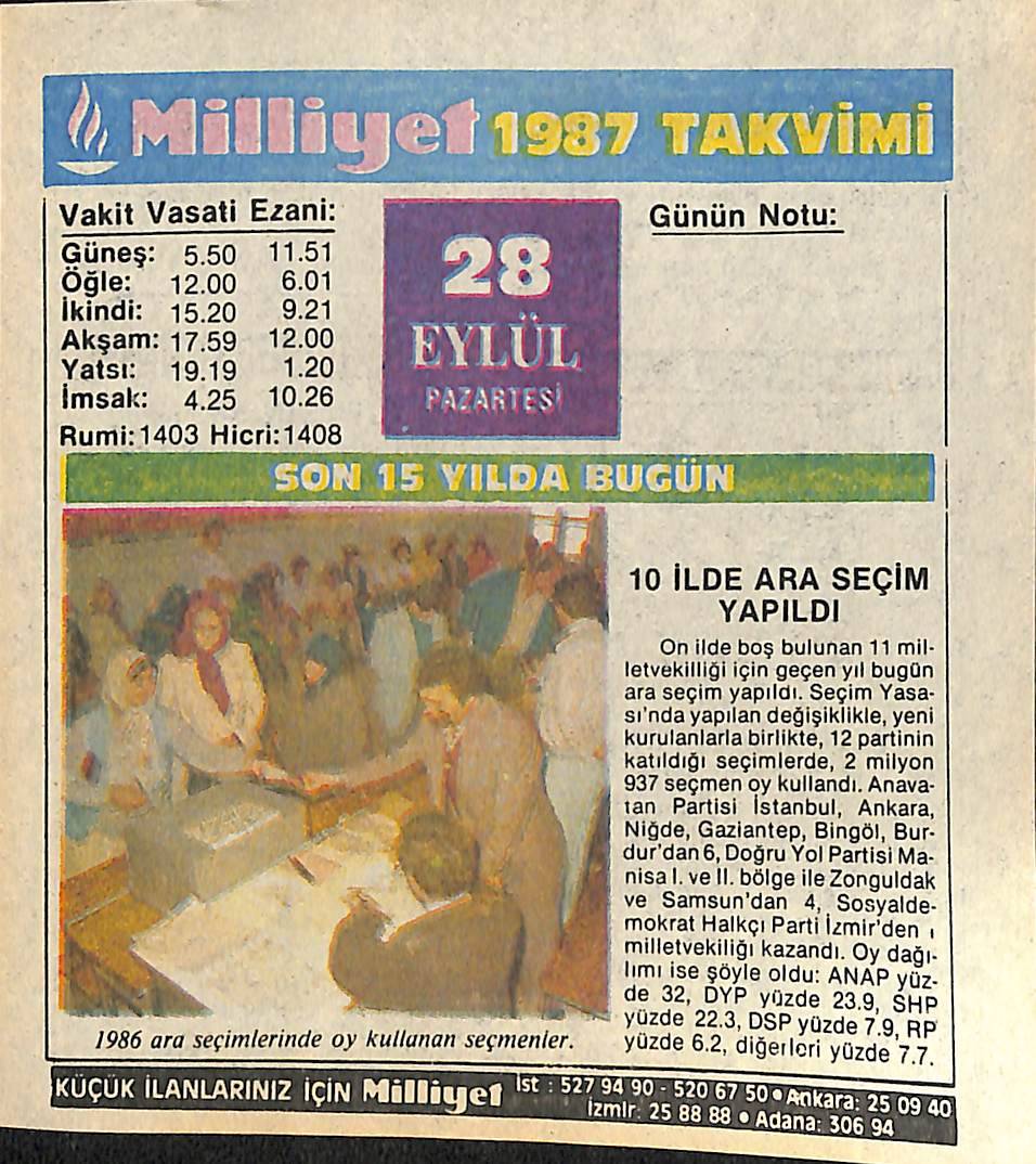 28 Eylül 1987 Takvim Yaprağı - Doğum Günü Hediyesi EFMN14145 - 1