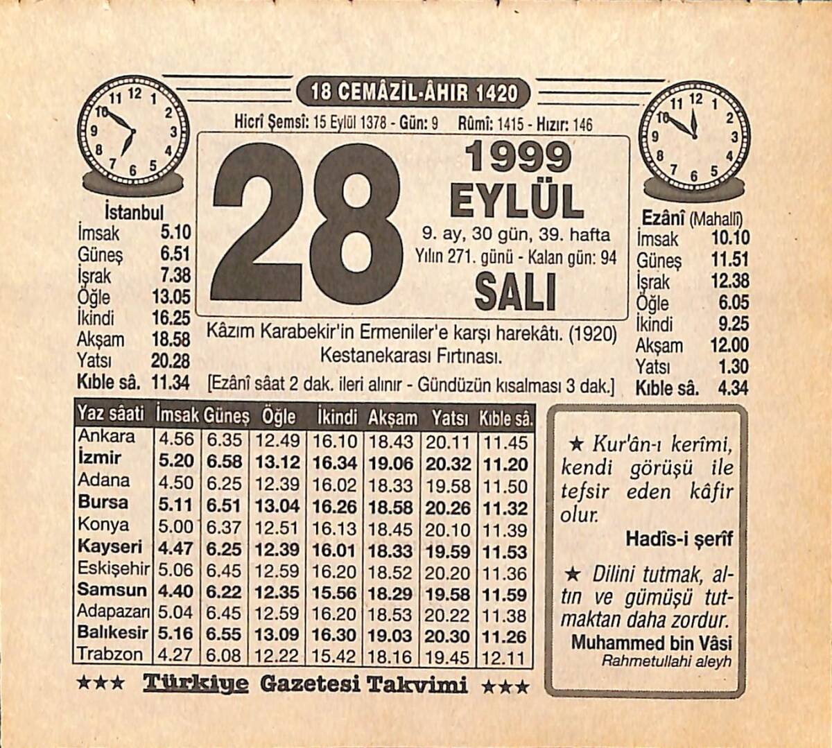 28 Eylül 1999 Takvim Yaprağı - Doğum Günü Hediyesi EFMN15479 - 1