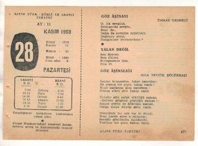 28 Kasım 1960 Ajans Türk Takvim Yaprağı (Şiirli Saatli) EFM(N) 1794 - 2