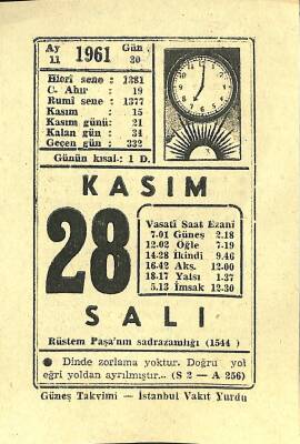 28 Kasım 1961 Takvim Yaprağı - Doğum Günü Hediyesi EFM(N)11650 - 1
