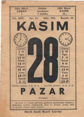 28 Kasım 1965 Takvim Yaprağı EFM(N)3707 - 2
