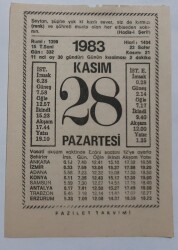 28 Kasım 1983 Takvim Yaprağı - Doğum Günü Hediyesi EFM(N)6905 - Gökçekoleksiyon