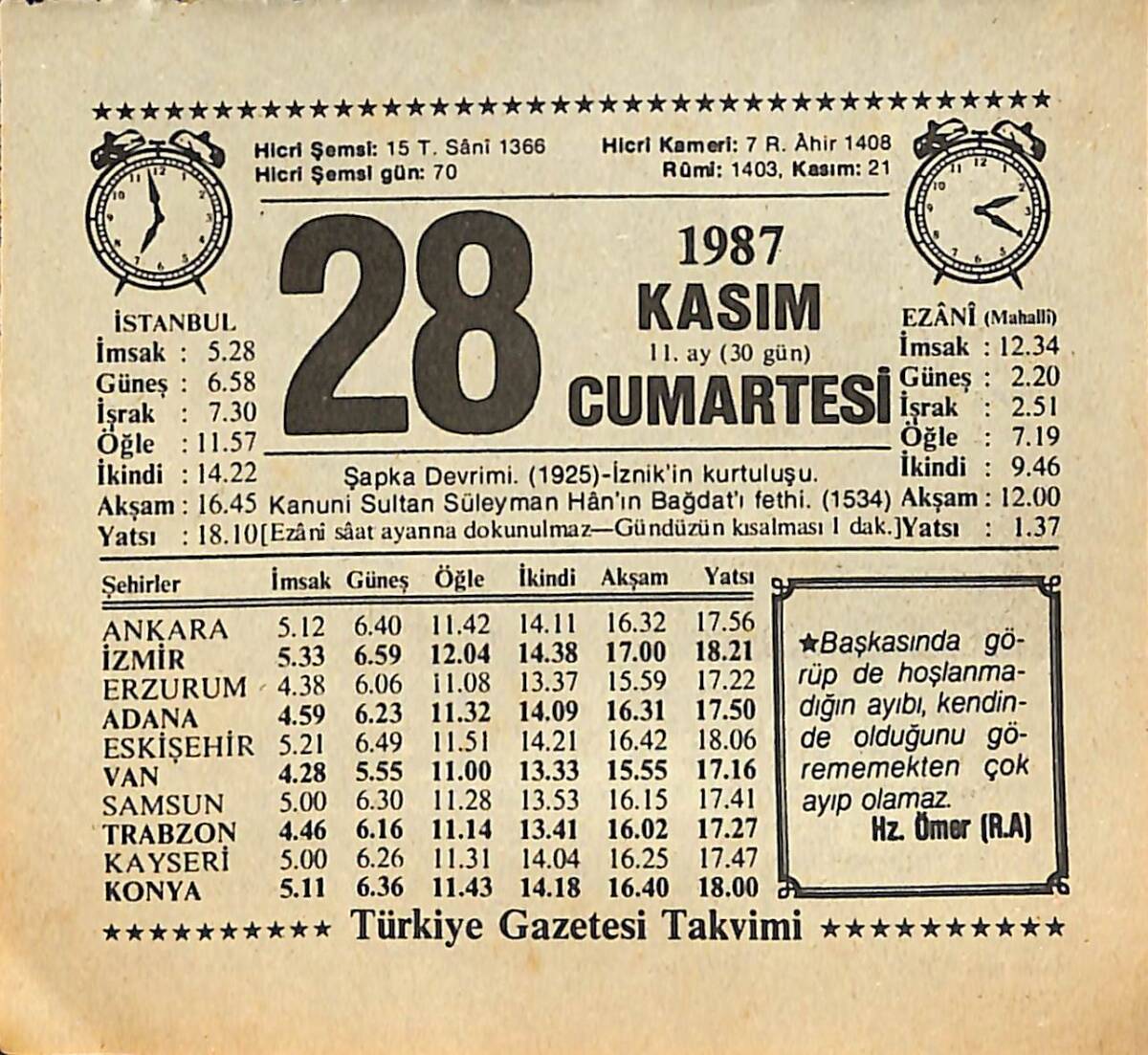 28 Kasım 1987 Takvim Yaprağı - Doğum Günü Hediyesi EFMN15013 - 1