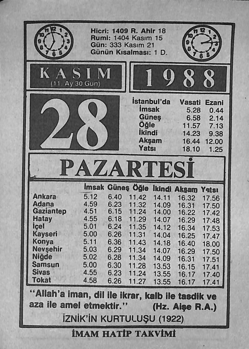 28 Kasım 1988 Takvim Yaprağı - Doğum Günü Hediyesi EFMN14602 - 1