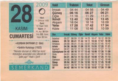 28 Kasım 2009 Takvim Yaprağı EFM(N)3852 - 3