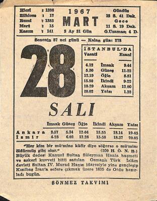 28 Mart 1967 Takvim Yaprağı - Doğum Günü Hediyesi EFM(N)11262 - 1