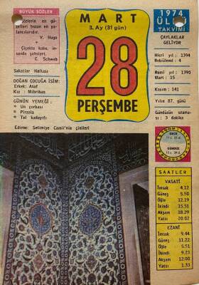 28 Mart 1974 Takvim Yaprağı - Doğum Günü Hediyesi EFM(N)8063 - 1