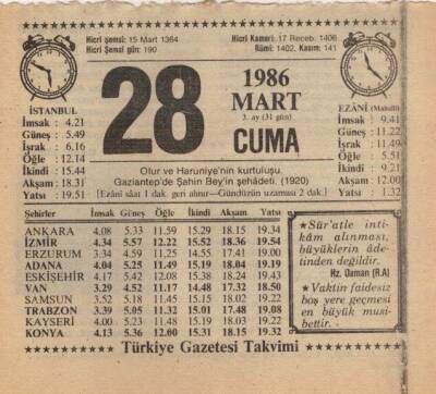 28 Mart 1986 Takvim Yaprağı EFM(N)5938 - 3