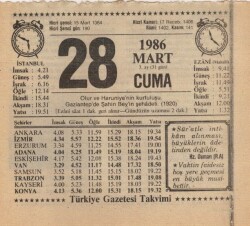 28 Mart 1986 Takvim Yaprağı EFM(N)5938 - 1