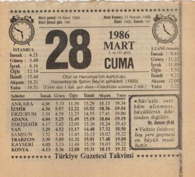 28 Mart 1986 Takvim Yaprağı EFM(N)5938 - 1