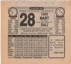 28 Mart 1989 Takvim Yaprağı EFM(N)5876 - 3
