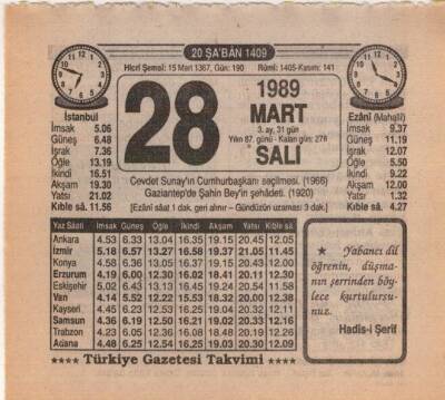 28 Mart 1989 Takvim Yaprağı EFM(N)5876 - 2