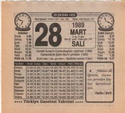 28 Mart 1989 Takvim Yaprağı EFM(N)5876 - 1