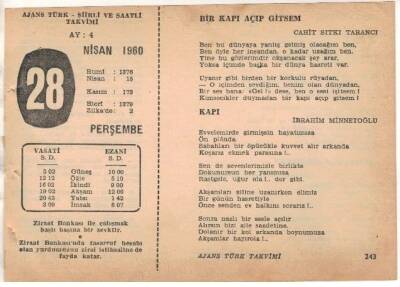 28 Nisan 1960 Ajans Türk Takvim Yaprağı (Şiirli Saatli) EFM(N)1585 - 1