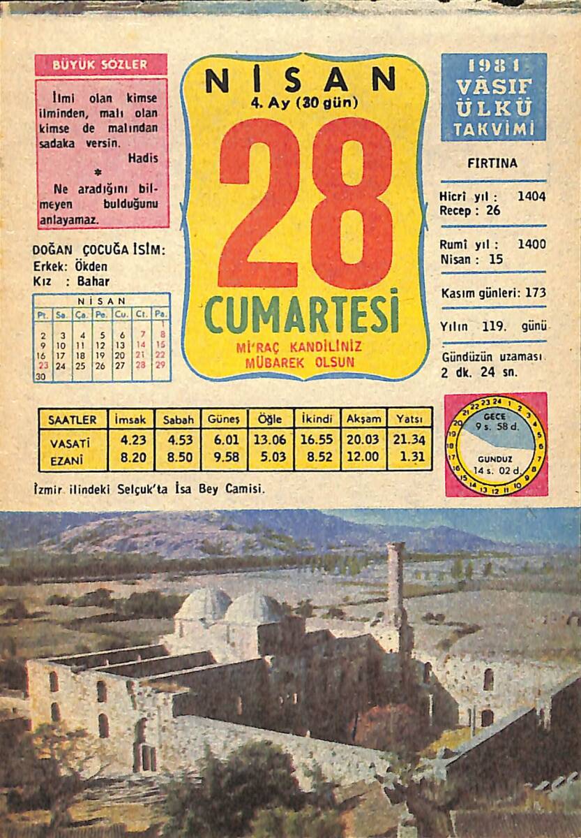 28 Nisan 1984 Takvim Yaprağı - Doğum Günü Hediyesi EFMN15175 - 1