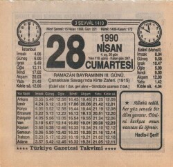 28 Nisan 1990 Takvim Yaprağı EFM(N)6181 - Gökçekoleksiyon