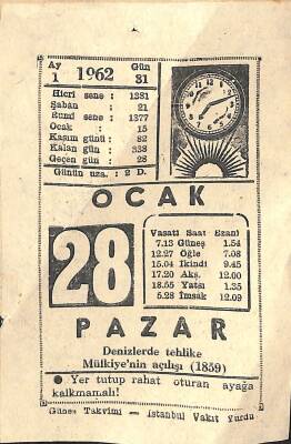 28 Ocak 1962 Takvim Yaprağı - Doğum Günü Hediyesi EFM(N)11513 - 1