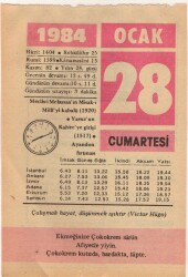 28 Ocak 1984 Takvim Yaprağı EFM(N)4767 - Gökçekoleksiyon