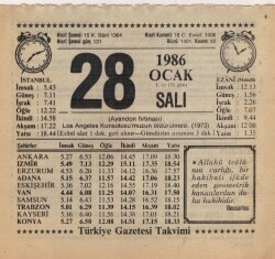 28 Ocak 1986 Takvim Yaprağı EFM(N)5046 - Gökçekoleksiyon