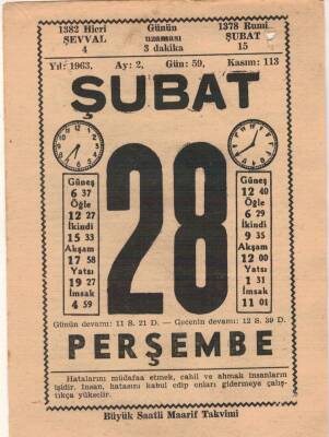 28 Şubat 1963 Takvim Yaprağı EFM(N)5710 - 3