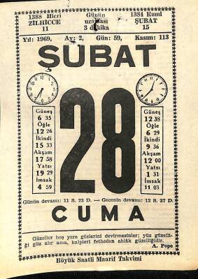 28 Şubat 1969 Takvim Yaprağı - Doğum Günü Hediyesi EFM(N)11009 - 1