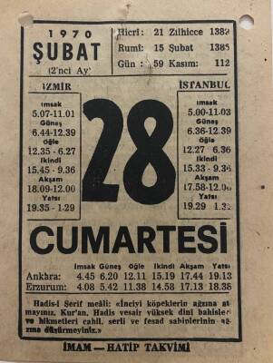 28 Şubat 1970 Takvim Yaprağı - Doğum Günü Hediyesi EFM(N)7778 - 1