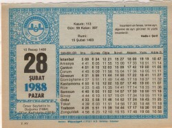 28 Şubat 1988 Takvim Yaprağı EFM(N)5518 - Gökçekoleksiyon